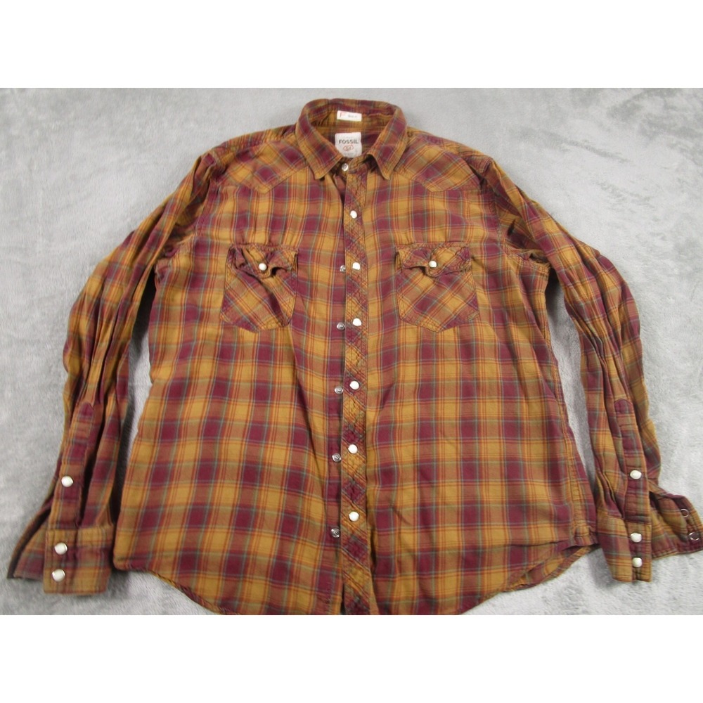 Fossil Shirt Mens Large Brown Plaid Pearl Snap Pockets Long Sleeve